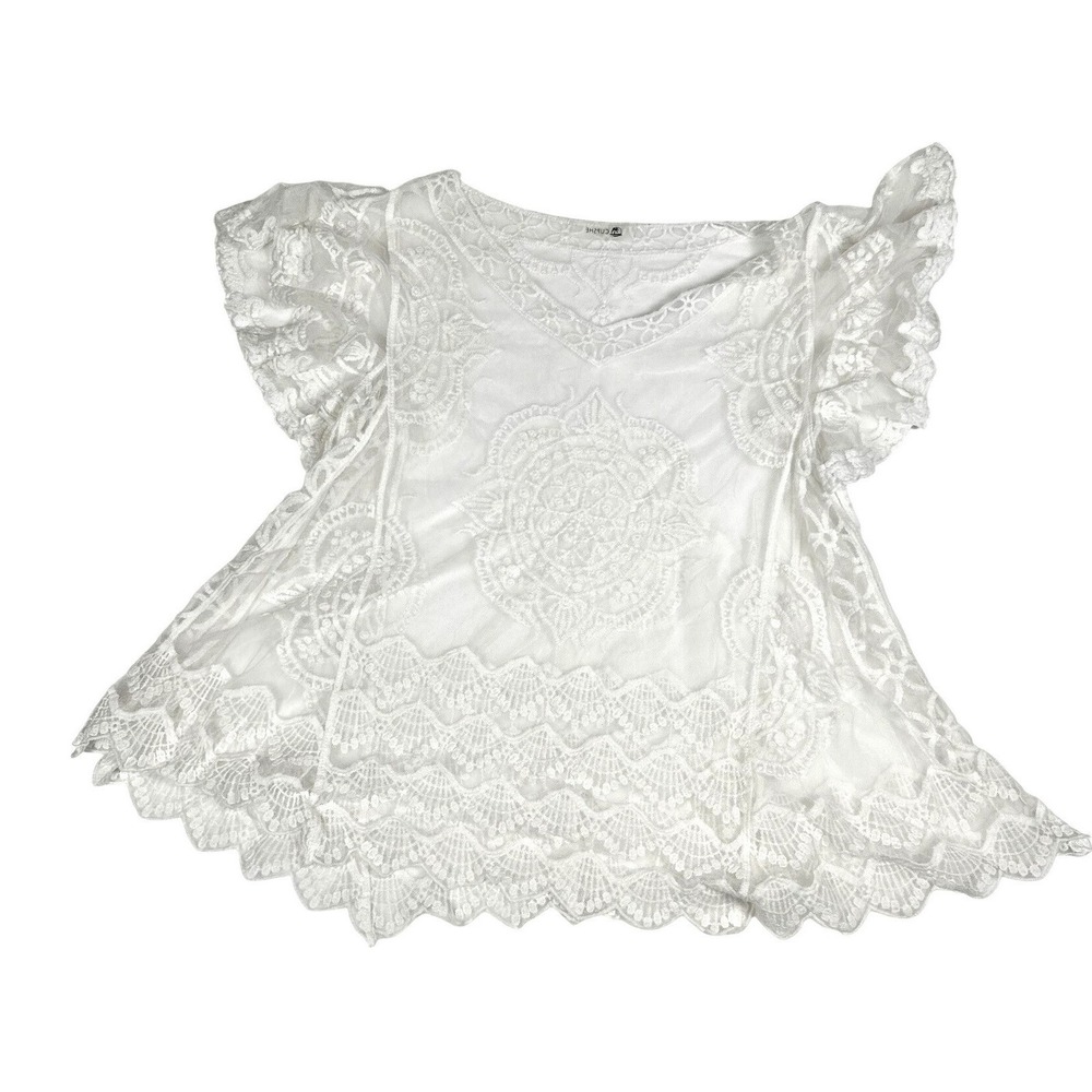 CUPSHE Cream Lace Swim Cover Up V-Neck Medallion Embroidered Boho Tunic OS- NWOT